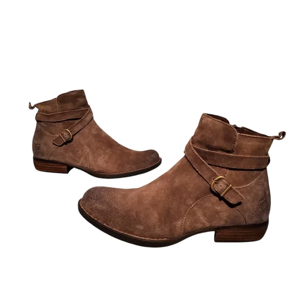 Born Brown Beige Leather Zip-Up Ankle Harness Booties Boots - Main Image